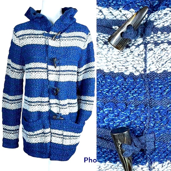 CHAPS Indigo Textured Knit Toggle Button Hooded Jacket in Small Petite - Picture 2 of 15
